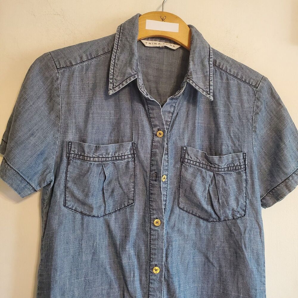 Trina Turk Linen Tencel Blend Chambray Demin Button Up Top Size XS Western Prepp - Picture 2 of 10
